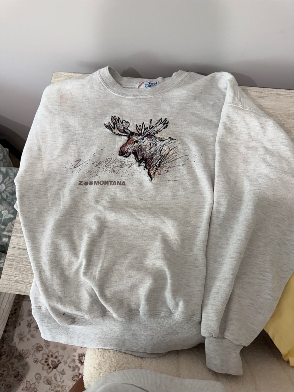 Vintage Light Gray Moose Graphic Montana Crewneck Sweatshirt